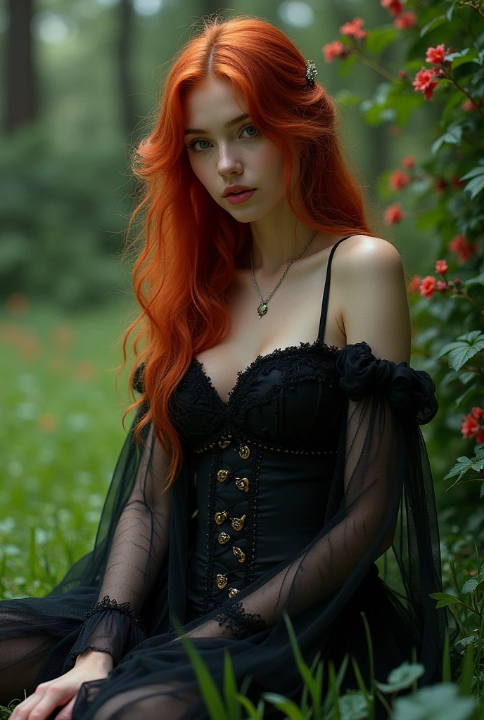 Penelope Featherington agitated with the sword in hand, the torn green dress. It has white skin, blue eyes, beautiful pink lips, full and curvy body, orange hair and measures 1.55