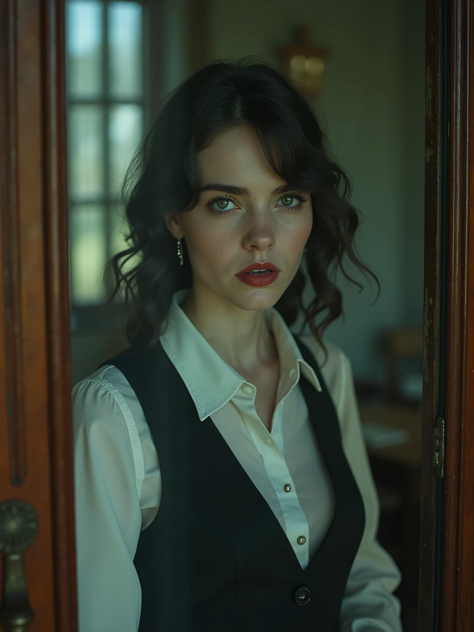 A photo of a young vampire woman girl with sharp teeth and pale skin. He is wearing a white shirt and a dark vest. The kid is behind a glass window and is flying. The background is a room with old-fashioned furniture. The overall image has a horror movie vibe and is set in the 1970s.