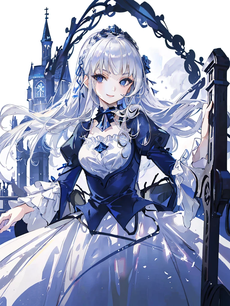 ((Highest quality)), ((masterpiece)), (detailed), Perfect Face, girl, (((A kind smile))), Silver Hair, Very long hair, Dark blue eyes, Data dress, A castle in the background, Princess