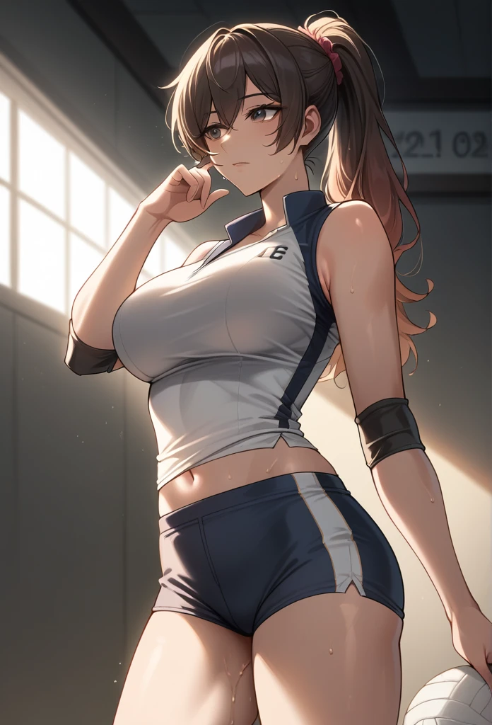 highres, highest quallity, illustration, cinematic light, dramatic shading, night days, good lighting, volumetric lighting, backlighting, light rays, deep brown eyes, Black long hair, gradient hair, High Ponytail, red_scrunchie, (highres:1.0), solo, perfect body, medium breasts, curvy body, beautiful face, Expressionless, look away, Adult woman, dripping with sweat, sweat, best perfect anatomy, thin, ray of light through hair, close up shot on person, close up shot on person, mature woman dynamic poses, White Volleyball Ladies Vest, black elbow pads, Finger Band-Aid, Number 22 shirt, slim fit, grey racing shorts, perfect dynamic composition, foreshortening, background: Volleyball court stadium,