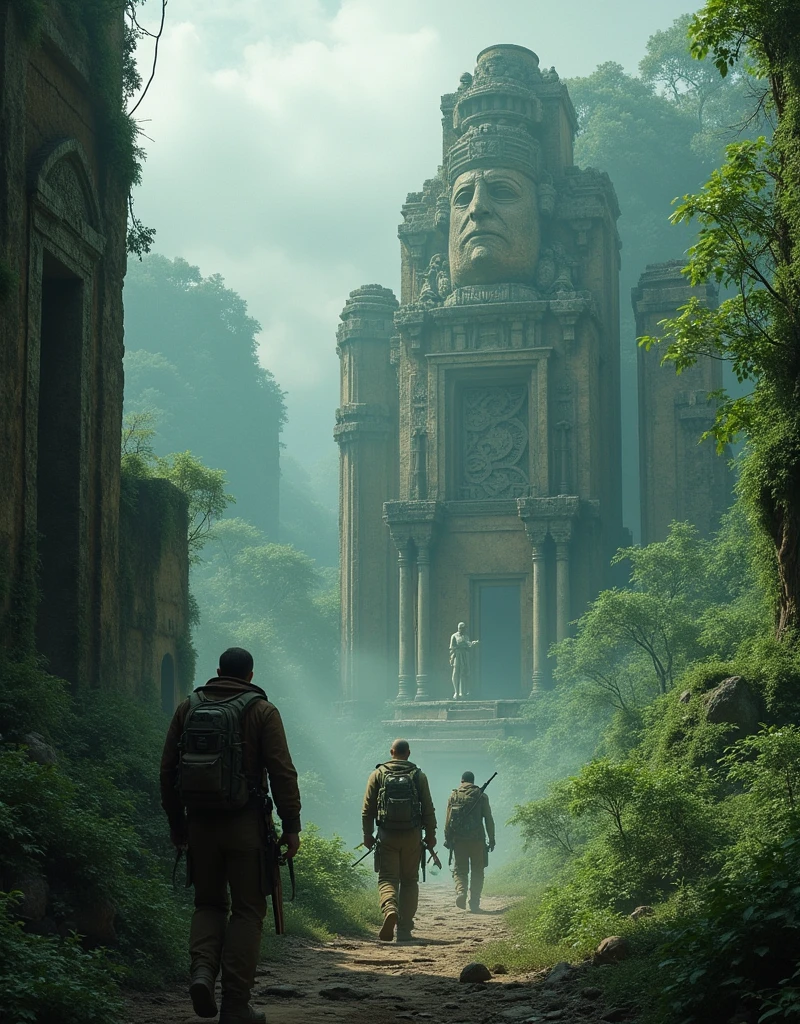 best quality, masterpiece, Ruins of a lost civilization in the jungle、ancient architecture、(The collapsed mysterious colossus)、in a thick fog、A group of several fully equipped explorers、I&#39;m walking down a pathless road