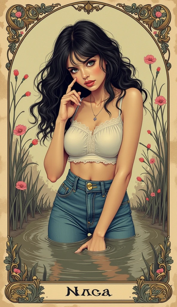 A girl with beautiful detailed eyes and lips, medium: oil painting, in a garden. The girl has long eyelashes and a captivating gaze. She is wearing a flowing gown, adorned with vibrant colors and intricate patterns. The garden is filled with lush greenery and vibrant flower beds, creating a peaceful and serene atmosphere. The sunlight filters through the leaves, casting a soft, warm glow on the scene. The artwork should have the best quality, with ultra-detailed features and a realistic, photorealistic style. The colors should be vivid and vibrant, showcasing the beauty of the girl and the garden. (((Lifting her lace panty:1.2)))