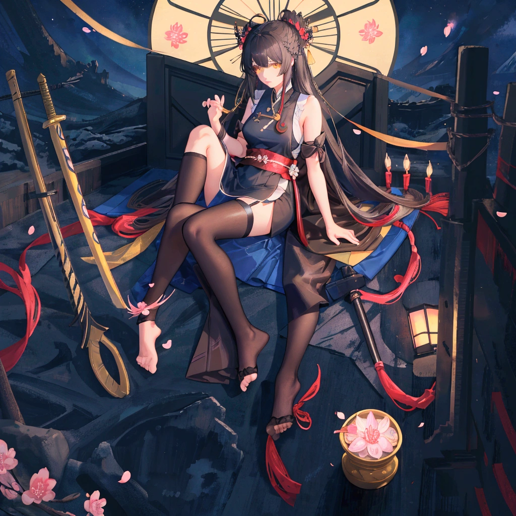 female , detailed , light brown long hair , Yellow eyes , With bangs , A clever look , Leisurely , strong , I put binyeo in , Black sleeveless , Blue short cheongsam , Short white socks , Blue Japanese Slippers , Lycoris radiata , night background , Cherry Blossom , Pianhua , Orientalism , Japanese sword , death , anime character , illustration , 