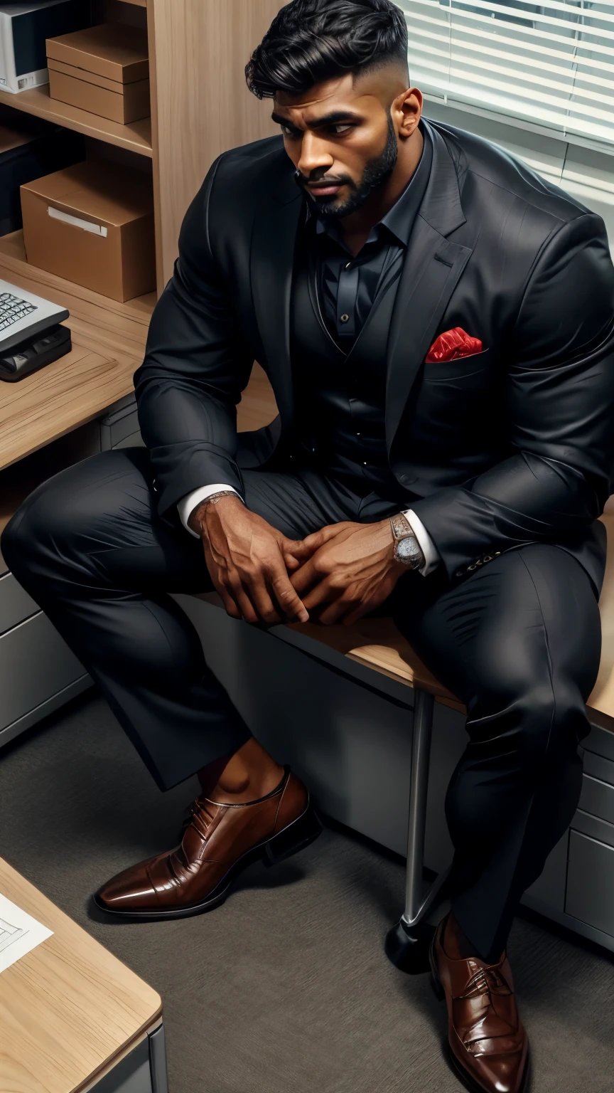 From above view, Black man business suit, formal shoes, secretly mastrbate in office store room with spread legs, pain is ragging on face, mouth open during moaning and pain, Handsome Indian 30 years old beared businessman secretly masturbate in office store room standing with spread legs,  stunning visual, profile image, in style of ultra realistic, standing close-up on spread legs, detailed style, functional and elegant look, in style of realistic, crisp details, hd, hdr, D750F nikon camera photography 