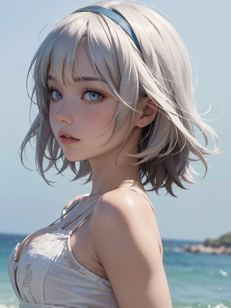 one girl、１６talent、white hair、gray eyes、bob cut、hair blowing in the wind、messy hair、small breasts、pure white background、 film grain、Raw photo、 Ilford HP5, 80mm、highest quality、ultra high resolution、masterpiece、background blur,fade out beautifully、全nakedやん、naked、((full nude))、((NSFW)),