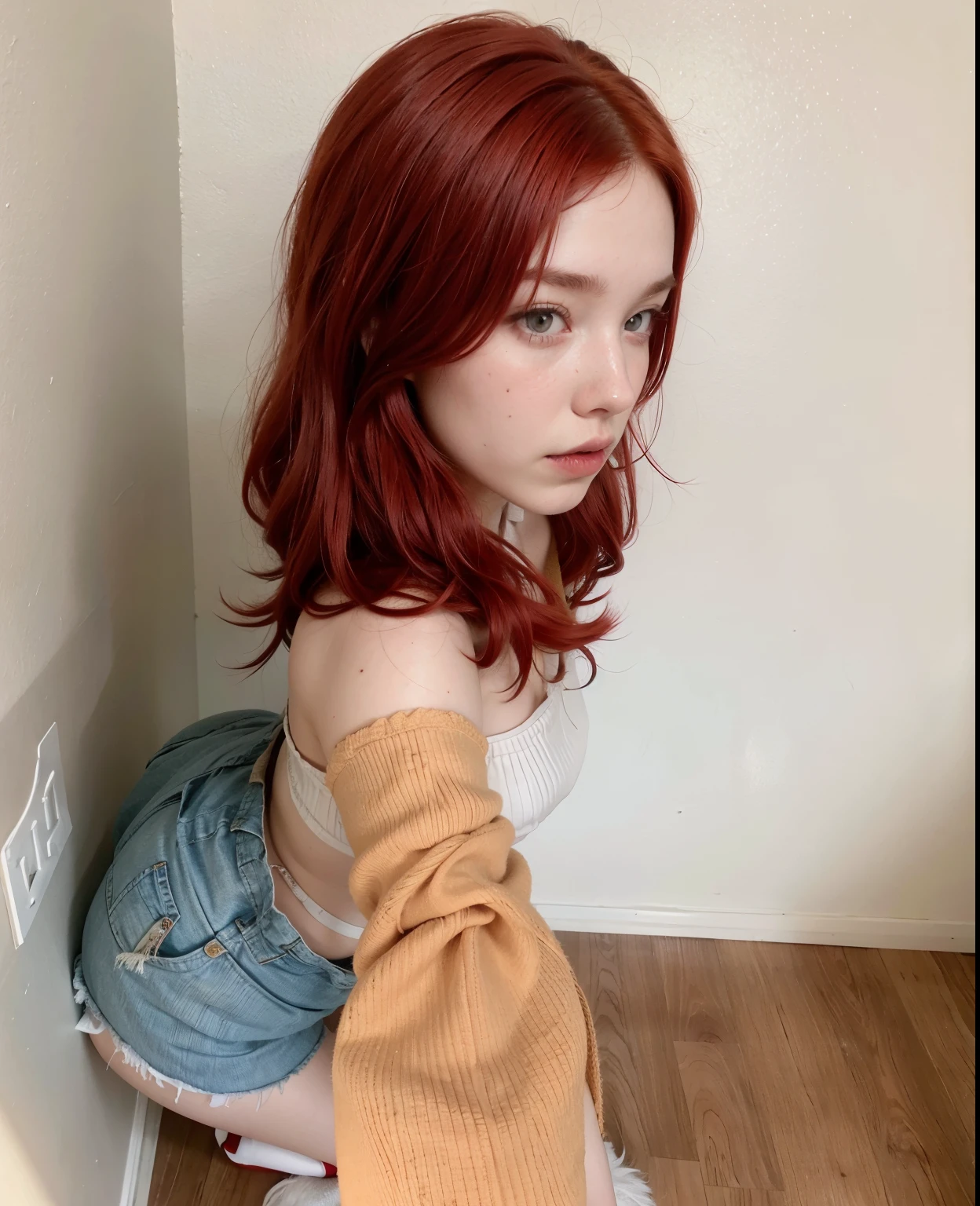 RAW photo, style, nude photograph of an average look, 25 years old, English woman, standing in her messy room, (naked), pale skin, red hair, (wearing eyeliner), wearing blush, red nose, tumblr girl, e-girl, vibes, aesthetics, y2k, 90s, 1990s, grainy, (highly detailed skin: 1.2), lifting her shirt, showing her small breasts, a cup size breasts, [pastel gothic],  scene hair, (emo girl), teased hair, wearing bracelets, wearing choker necklace, [instagram], colorful, ((detailed face)), (A photo from the amateur subreddit, medium quality), nude_Selfie, vintage photo, (kodak), polaroid, (detailed pubic hair),