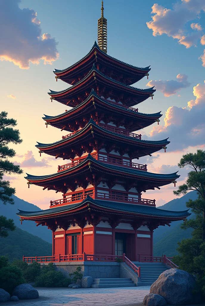 (uhd, masterpiece, anatomically correct, best quality, highres, score_9, score_8, score_7_superior, score_6_superior), Five-story pagoda, Japanese style architecture, evening, Asuka