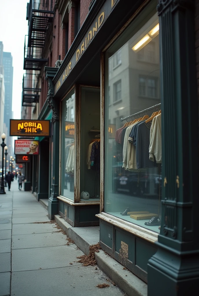 View from the street of a clothing store with empty windows in downtown New York, close focus on the windows