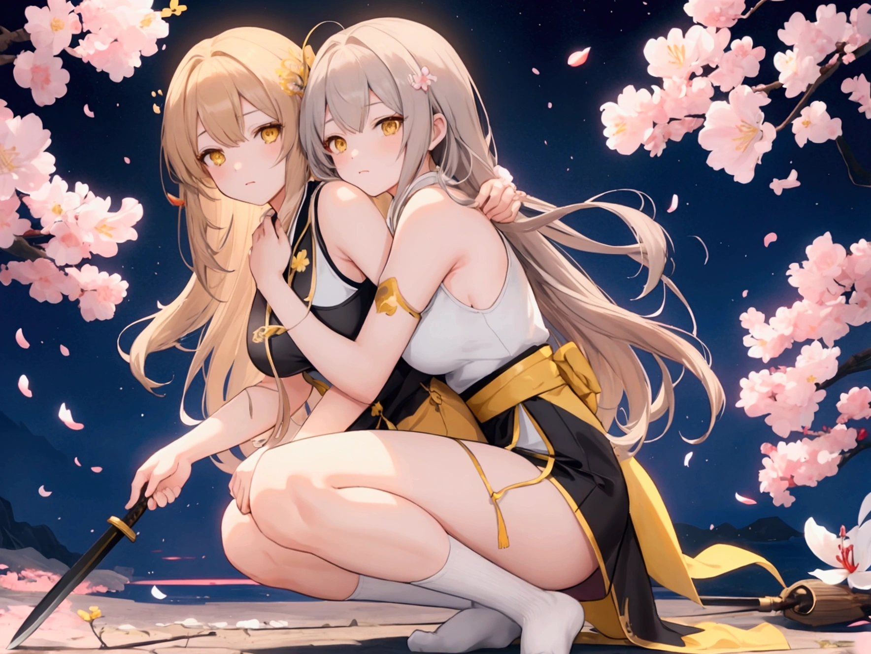 female , detailed , light brown long hair , Yellow eyes , With bangs , A clever look , Leisurely , strong , I put binyeo in , Black sleeveless , Blue short cheongsam , Short white socks , Blue Japanese Slippers , Lycoris radiata , night background , Cherry Blossom , Pianhua , Orientalism , Japanese sword , death , anime character , illustration 