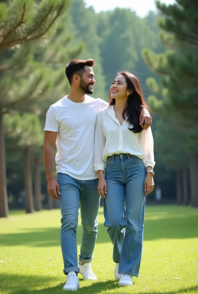 Real Pinay pinoy couple with man handsome polo shirt white and women beautiful dress standing nature grass front of camera