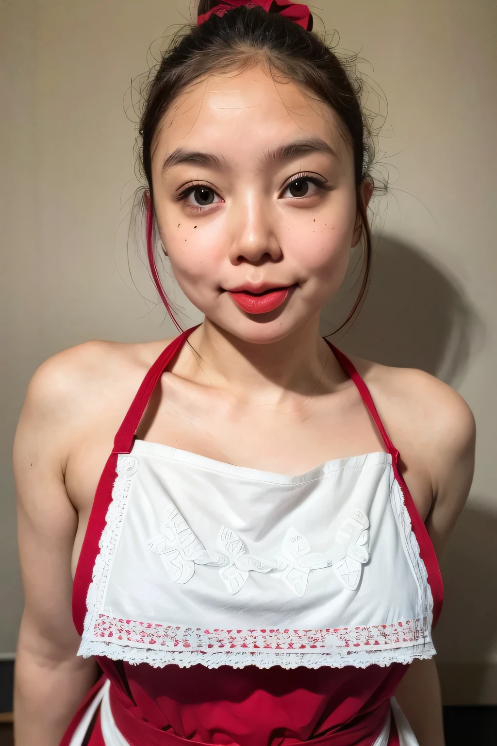 ((Plump body :1.311)), adorable, 1 girl, (face to face), , baby face, happy, medium portrait, (face details: 1), (eye details:1), ((naked big breasts)). wearing ((RED mini apron)), .. Cute posed. proportional body. Ultra High Res. realistic: 1.4, UHD, poke a bun Hairstyle , lace (((THICKLIPS:1.7))