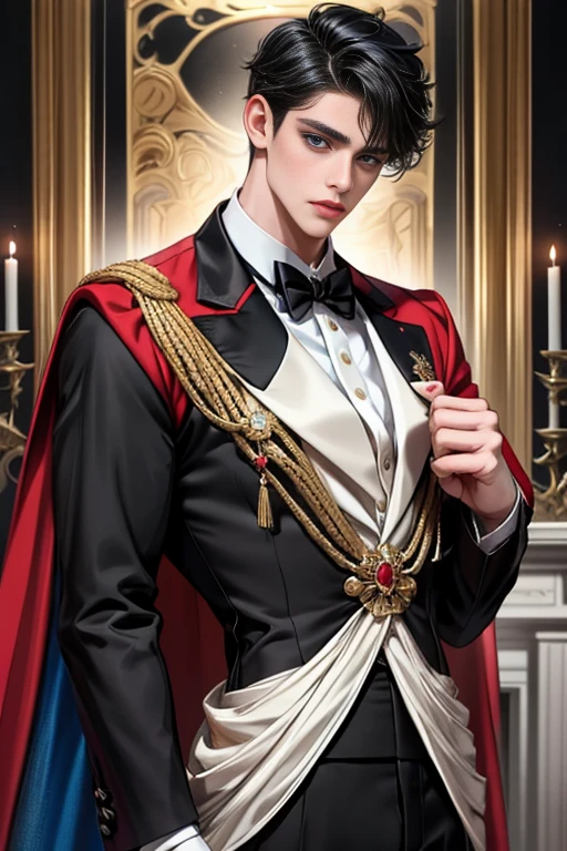 masterpiece, 最high quality, high quality, 1 boy, alone, Male focus, Upper Body,Watching the audience, Messy black hair, Adorable big blue eyes, White, Noble, Noble,A black and red cape that is bursting with sexy volume、Tuxedo、A very voluminous, large, very large, very large, long, long red and black cape with a high stand-up collar, made of a lot of fabric that reaches down to the floor., ,cute beautiful,Cute, cute, kind, handsome guy