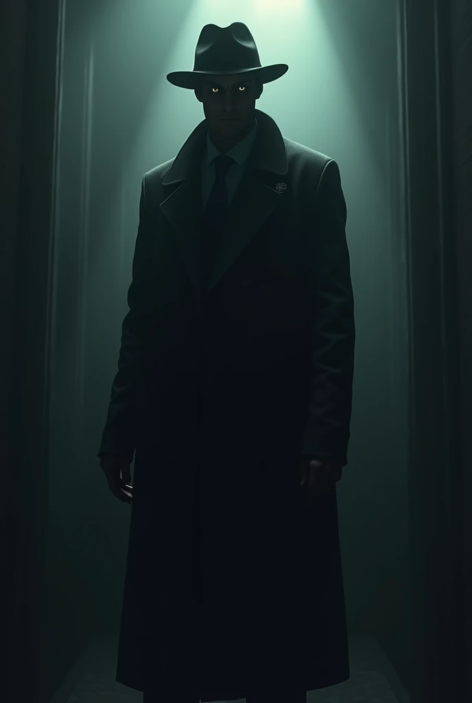 Frontal view. Colored. 1953 year. A dangerous balding man in an inexpensive coat walking in the street and looking forward. His lips are pursed and his gaze is tense. The situation is dangerous and serious.Misty atmosphere. Daytime lighting. An atmosphere of mystery and intrigue. The soft rays of the sun give hope for a better future.