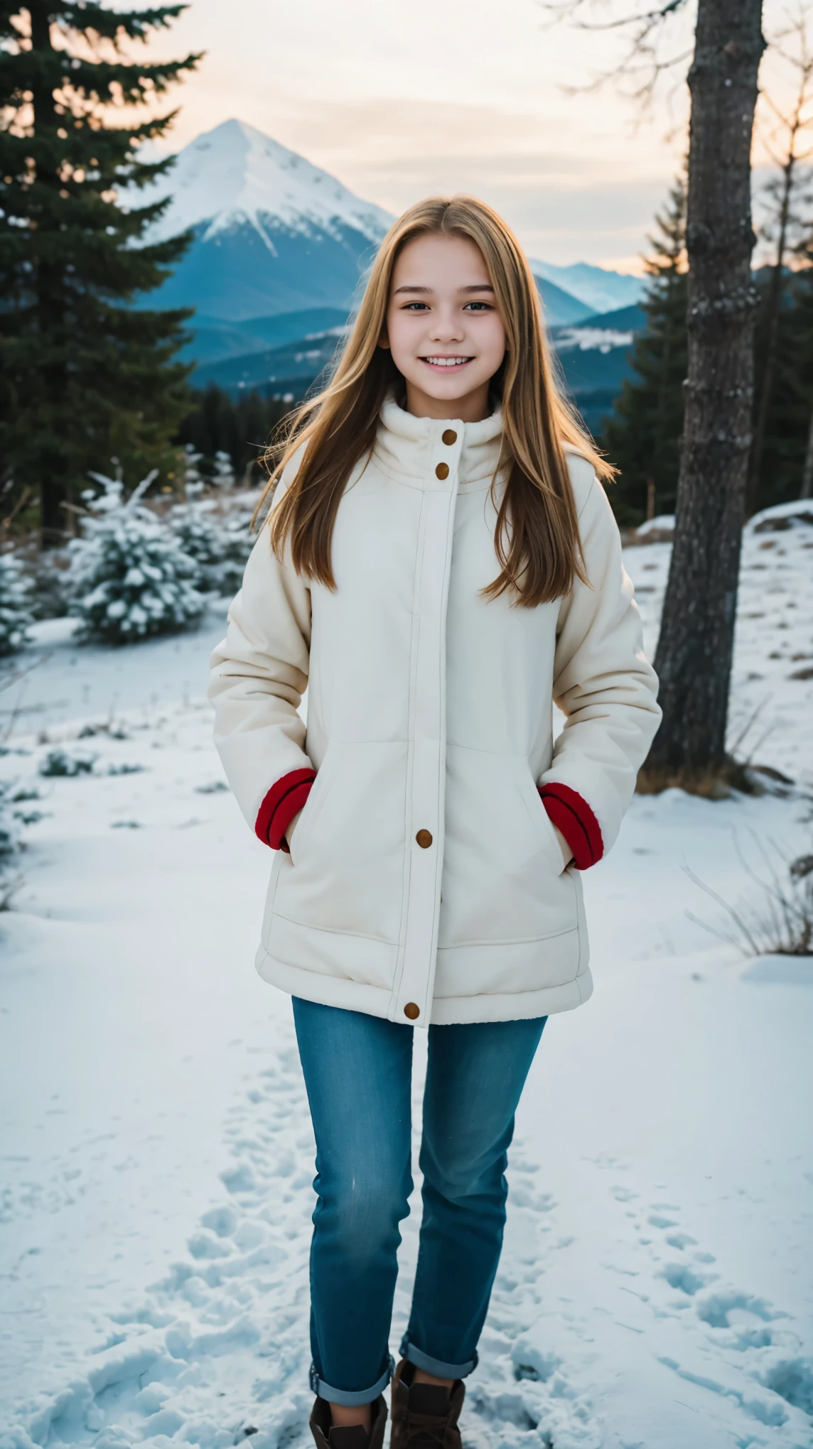 color photo, high quality, 4k, 1girl, solo, portrait, american girl, smile, winter, sweater, skirt, tights, boots, 10 years, snow