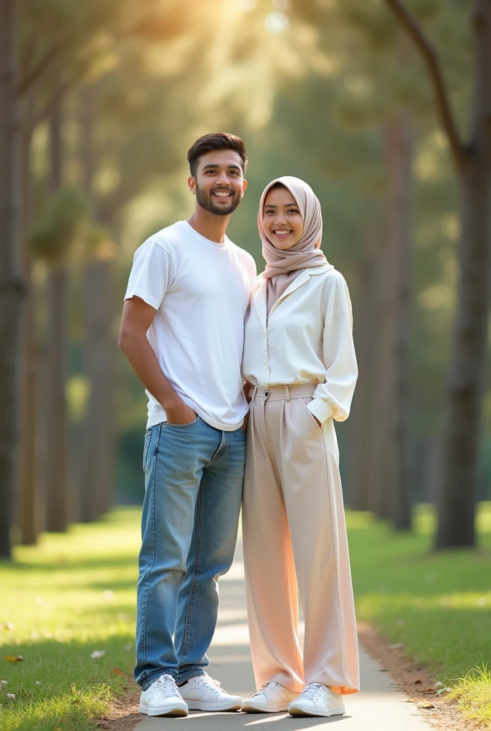 A headscarf-wearing woman walking around the neighborhood with her lover, black sweatpants,  Barefoot woman watched by male neighbors