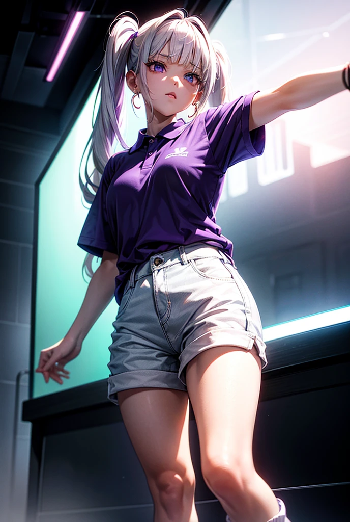 (masterpiece, best quality:1.5), (ultra detailed, high resolution, 8k, beautiful detailed, UHD, best anatomy), purple pigtails hair, medium breasts, 1 girl, short shorts, thin see-through, standing, from below, Crystals floating around, night