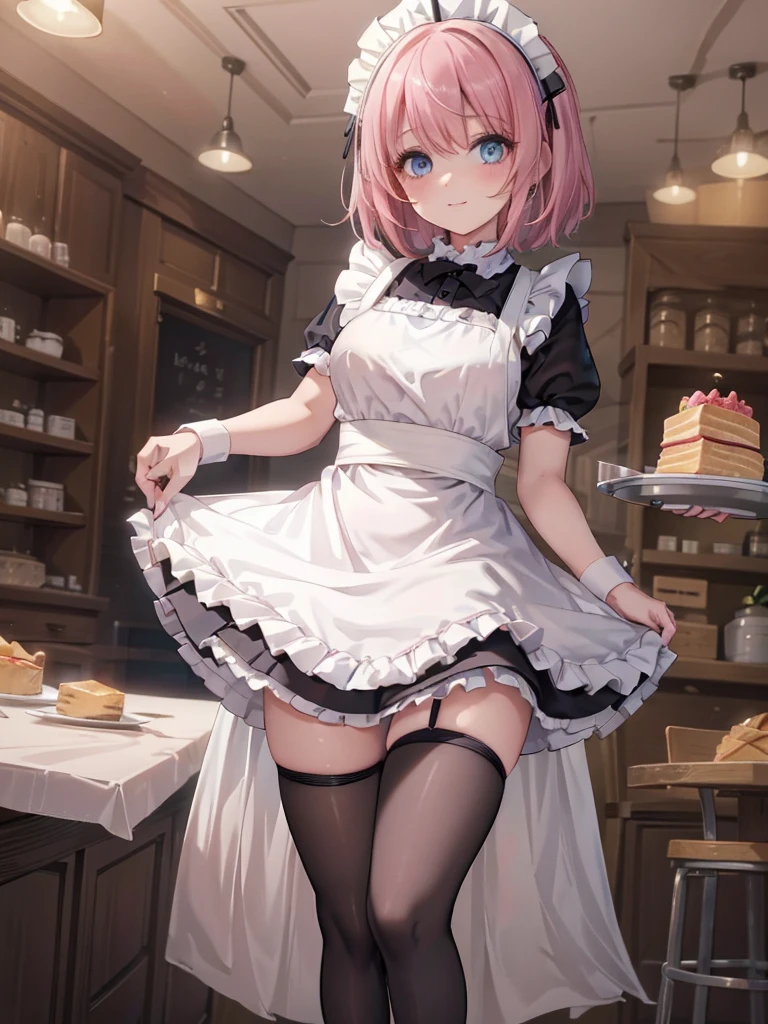  girl, medium bob cut hair, pink hair, blue eyes, maid dress, apron, frills, short skirt, standing in cafe, rim light, holding tray, (black thighhighs:1.5), (frilled thigh bands:1.5), posing casually, perfect body, skirt lift, happy