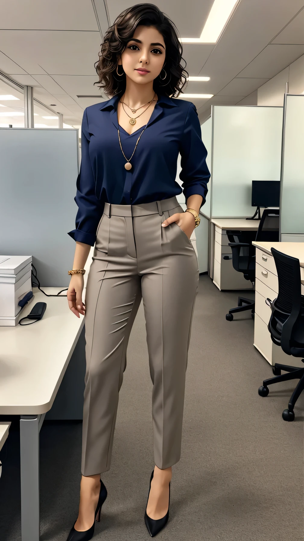 Clear Iranian woman,、Are standing、Full body photo、short hair、Wavy Hair、ear piercing、necklace、Office Lady Suits、Pants Style、、pumps、The background is the office
