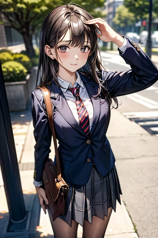 Straight hair, Navy blue blazer uniform, White shirt, red and grey striped tie, Grey plaid skirt, Black shoulder bag, Standing pose, Windy Day,Skirt flipped up, look up, wood々Dense urban outdoor environments, Natural light, Sunlight from above, Casual atmosphere, Front view, Deep writing depth, Well-balanced exposure