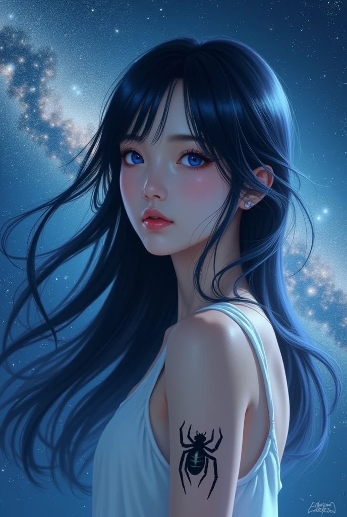(​masterpiece、top-quality、top-quality、Super delicate、Convoluted、Official art、Beautifully Aesthetic:1.2)、(1girl in:1.3)、(Fractal Art:1.3)、The upper part of the body、From Side、looking at the viewers、patterns、(rainbow-colored hair、colourful hair、Half blue and half pink hair:1.2、Half blue and half pink sky)、Eau、liquids、​​clouds、colourfull、starrysky、stele、