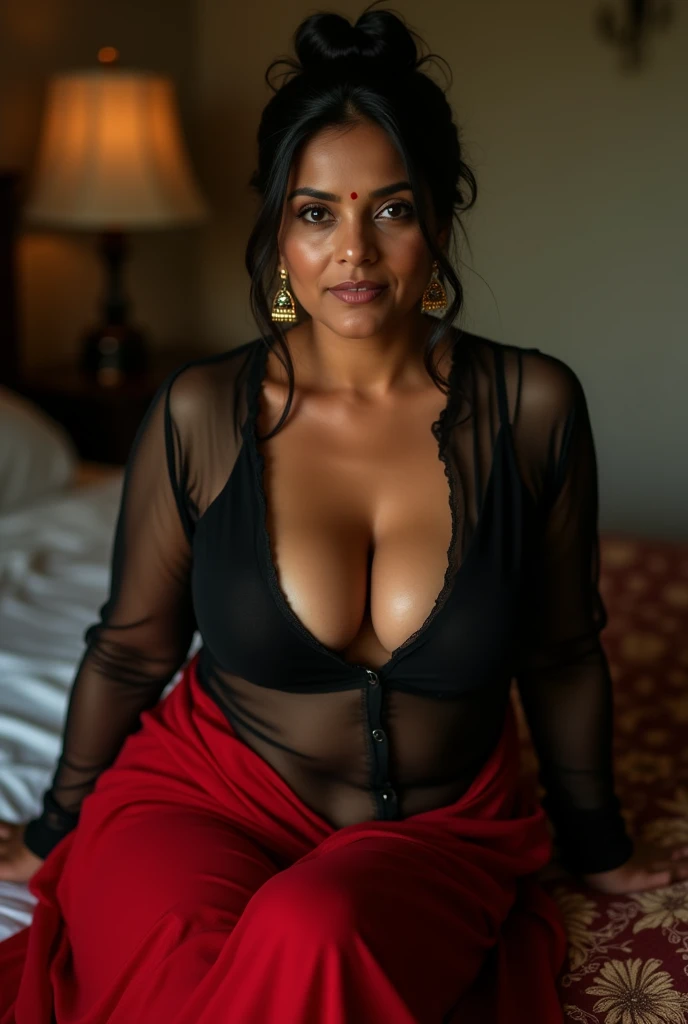 indian mature city milf, city mom, busty super model for fashion magazine, lovemaking, 4k, ultrahd, highres, short straight hair, messy hair, sweaty skin, (((SFW))), new face, full body image, wearing extremely sensual black and gold stockings, extremely massive breasts, ((dark tanned skin)), extremely deep cleavage, candid photograph, only 1 girl in the picture,  only 1 girl in the picture, candid photo, looking down and smiling, shy, closed mouth, bent over on all fours
