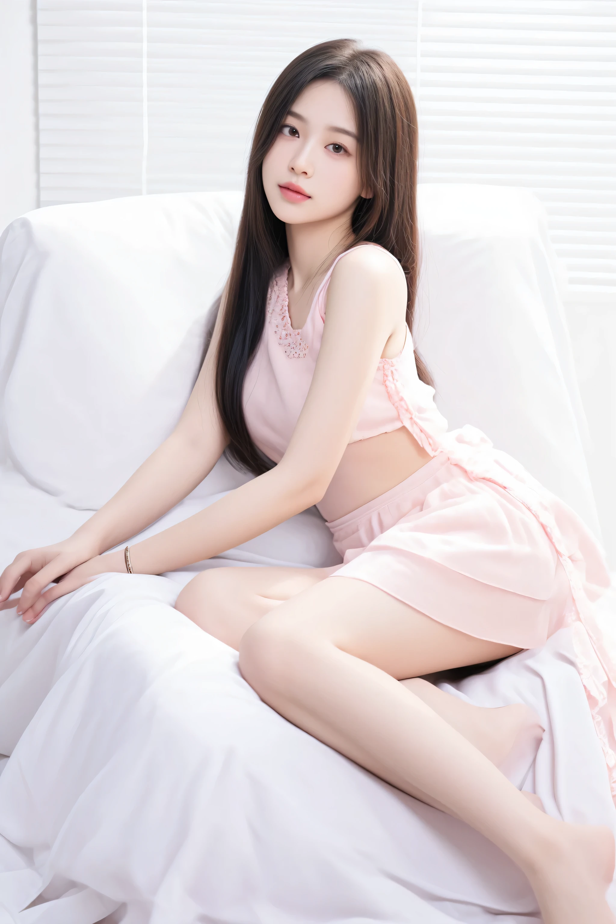 Full body, precise proportions, Chinese model, 18 years old Chinese girl, slim model lying on the side of bed, single, petite, hair fluttering in the wind, tulle, long legs, slightly open feet, buttocks, blush, shyness, collarbone, abs, double weave, chinese woman, beautiful and delicate face, fair skin, real skin, (detail face), goose egg face, pores, super high resolution, 8k, parameters Best quality, masterpiece, super high resolution, (Realistic 2.0), More details, detailed skin, white panties, brunette straight hair, beautiful eyes, asian girl, slim, fashion, cosplay girl, girlfriend, beautiful, beautiful, flowers, studio lighting