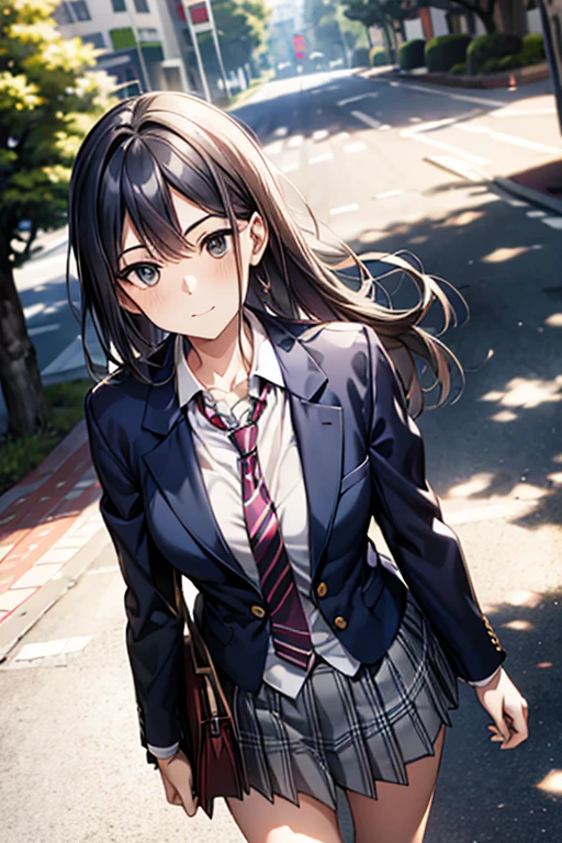 Straight hair, Navy blue blazer uniform, White shirt, red and grey striped tie, Grey plaid skirt, Black shoulder bag, Standing pose, Windy Day,Skirt flipped up, look up, wood々Dense urban outdoor environments, Natural light, Sunlight from above, Casual atmosphere, Front view, Deep writing depth, Well-balanced exposure