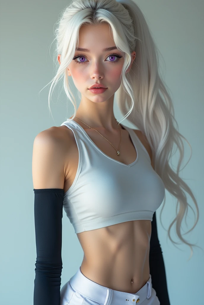 1 girl named Sarah with long blue hair, dyed loose hair, Long hairstyle, perfect detailed face, Young pretty white girl, Hot-top model, Detailed symmetrical light green eyes with round irises............., Beautiful, Walking and posing, Look at the observer, 19-year-old girl, looks like Madison Beer, extremely detailed face, Model, Realistic, Real life, perfect photorealistic picture, Realistic, hourglass figure, Stunning realistic photography, Detailed fingers, detailed realistic face, Soft fingers, real human nails, Extremely attractive girl, perfect detailed tan, small eyes, perfectly detailed face with realistic complexion and finely porous skin, small nose, Model, Perfect posture, Natural limbs, long legs, detailed symmetrical eyeballs, symmetric eyes, Realistic eyeballs, Realistic detailed eyes, cute plump closed lips, makeup, no long neck, no long waist, Perfect proportional body, seductive gaze, Looking in the direction of the viewer, Fascinating facial features, ah high, two arms, Two legs, one head, tiny breasts, realistic natural bodies, realistic shadows, Mystical epiphany, 8K, UHD, ((body facing the viewer, Pointing at the camera)),
 "wide-angle", Full-body shot, full pose, (photo studio white background), tempt a little, Cinematic world, Cover photo in the center of Hipereallistic, Stunning full-color, Cinematic, neoprene, behance contest winner, portraite of a, presented at UnsplasH, stylized digital art, Smooth, extra high resolution, She is wearing a large white long T-shirt and black Acronym J36-S sweatpants.............. (T-shirt only white), black and white sneakers, instagram model, 80mm ,  Streetwear , Realistic,round ass