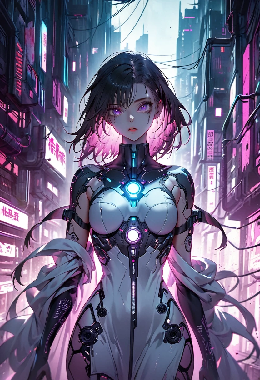 (Highest quality:1.3), (Top performance:1.2), (Best illustrations:1.2), (Comic book style:1.2), (Artistic Film Lighting:1.2) (1 person) Wearing futuristic technology cyberpunk electronic robe, Her body is covered in metal parts., Horror movie-like background of a futuristic cyberpunk city.