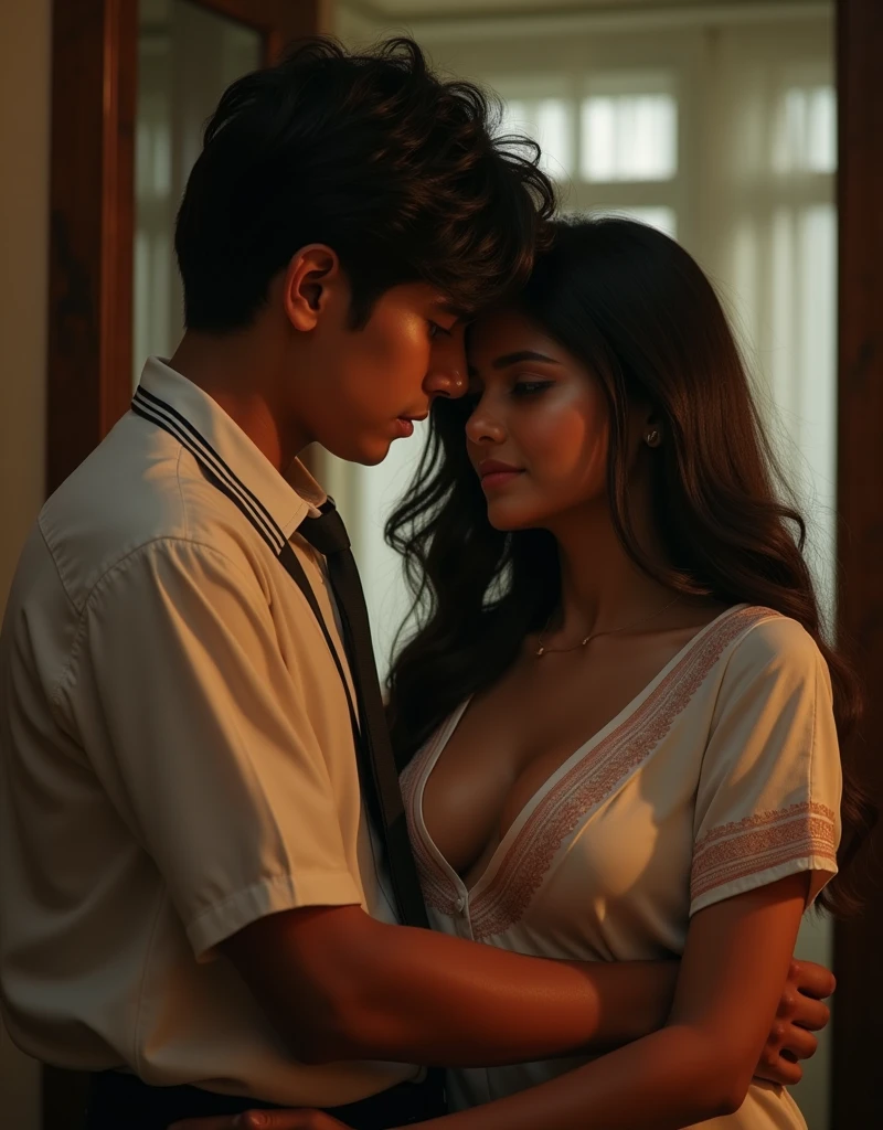 closeup, realistic, uhd image, rich indian brother and indian sister come back from school and have secret affair, cleavage seen, brother squeezing sister's boobs, boob squeeze, brother hugging from behind, sister facing camera, secret relationship, brother wearing school uniform, sister wearing camisole, school uniform, inside indian home