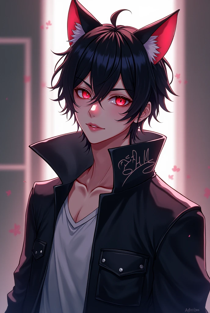 A closed black room illuminated in its center. in the center of the scene, a short ????? catboy is found, pale skin, short black hair, a little pubic hair and pink eyes. The lighting highlights your figure, and has an exciting facial expression. Artistic style: digital drawing with smooth and realistic details.