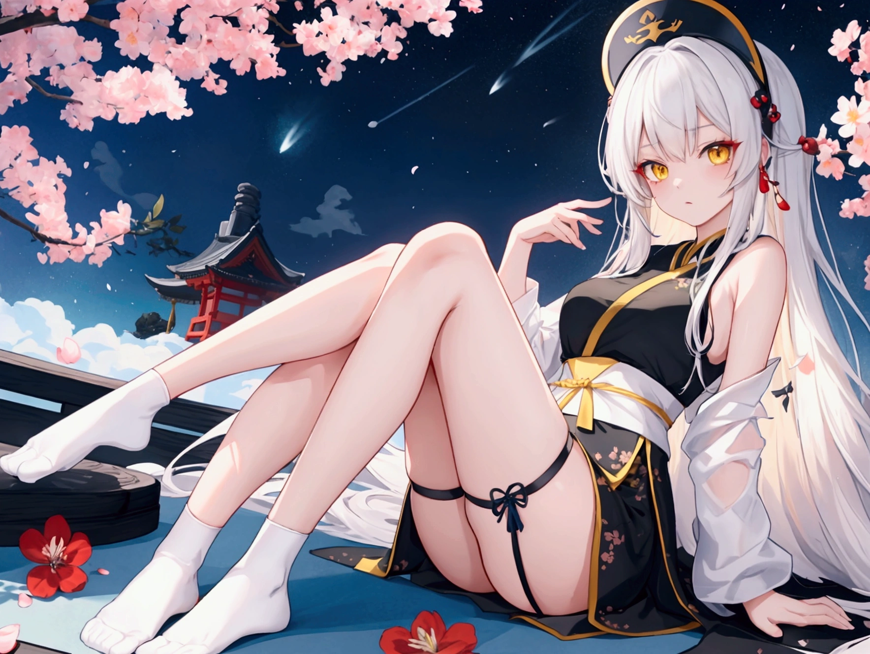 emale , detailed , 877171 color long hair , Yellow eyes , With bangs , A clever look , Leisurely , strong , I put binyeo in , Black sleeveless , Blue short cheongsam , Short white socks , Blue Japanese Slippers , Lycoris radiata , night background , Cherry Blossom , Pianhua , Orientalism , Japanese sword , death , anime character , illustration , solo , 1명 , 앉아있는, 산 속 , 나무 의자에 앉아있는 , 묘당 , 무당