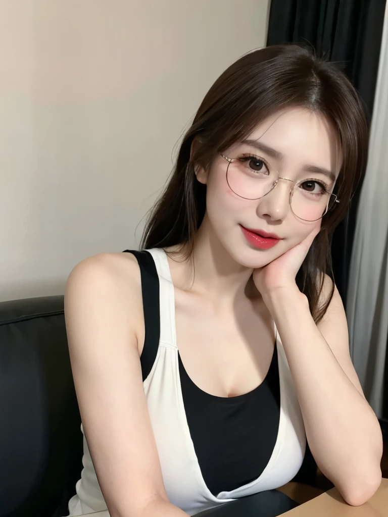 close-up of beautiful korean female, 34 inch breasts size, hair behind ear, wearing cute tank top, glasses, necklace, sitting on a boat, foggy is backdrop, bokeh background, UHD