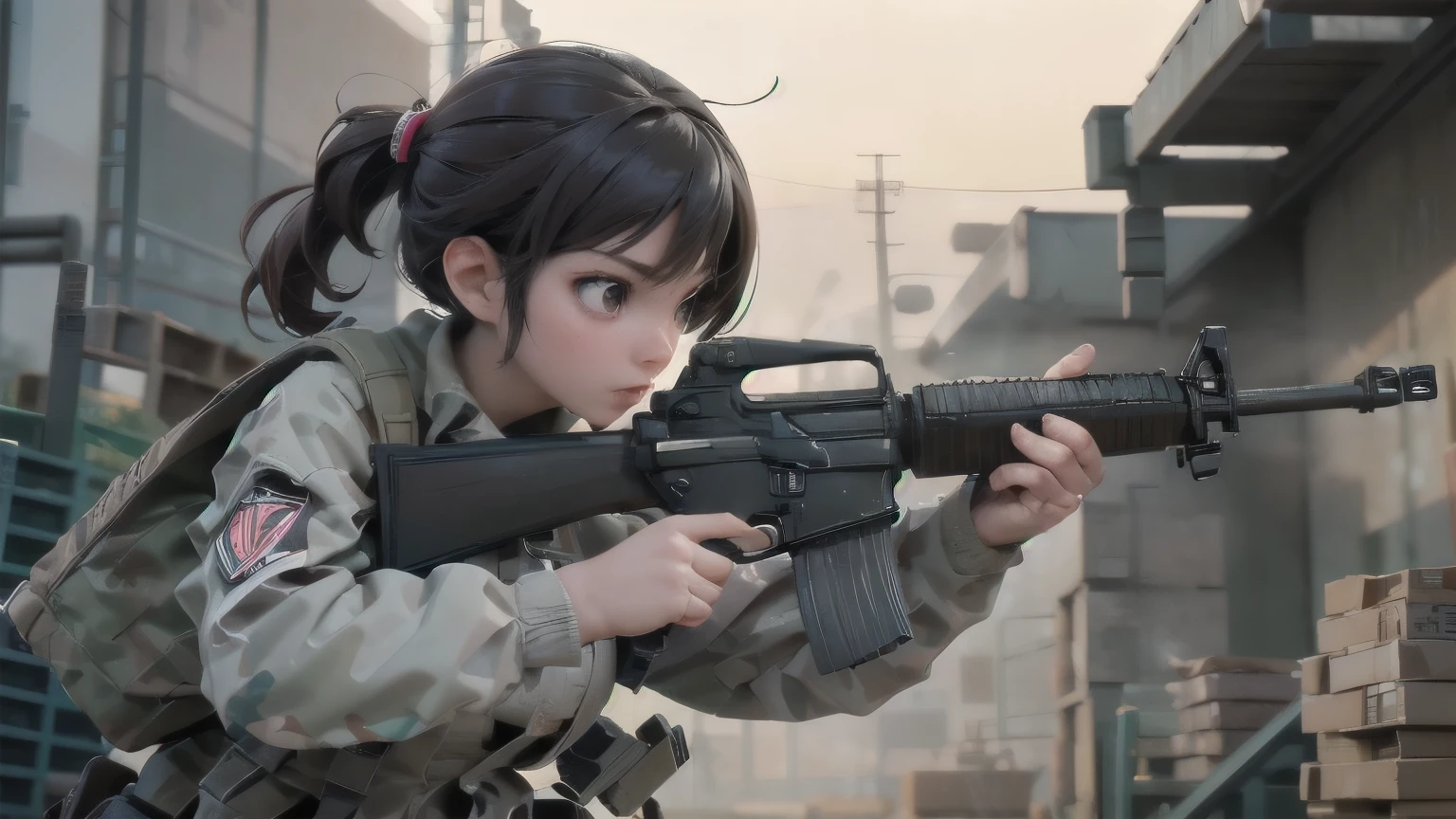 Fighting girl, aim, muzzle flash, assault rifle, At the warehouse, Dynamic entries, Cinematic action, high quality, Ultra-detailed