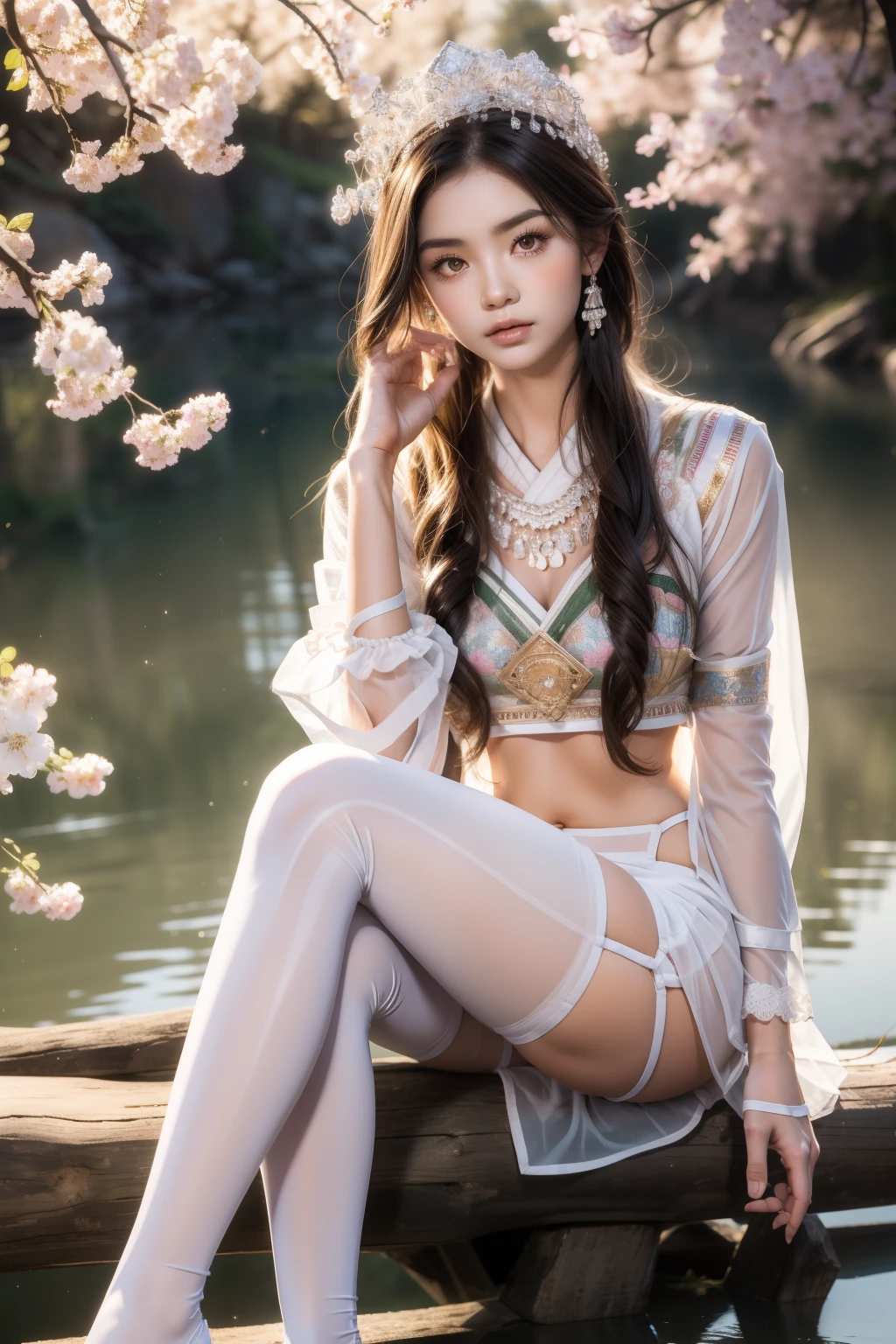 cameltoe，(background：The mountain is full of cherry blossoms，There are mountains and fog)(whole body:1.5)，(1 Hmong girl:1.3),(Viewer:1.4)，(Anatomically correct:1.4),(Completely transparent pantyhose:1.3),(Sitting on the top of a mountain:1.2),(Dressed in southwestern ethnic minority costumes:1.2),,( Pointed toe chunky high heels :1.1),(precise、Perfect face shape:1.3),(Open your legs，Long legs:1.3),Wearing hair accessories of southwestern ethnic minorities，spread, Spread your legs，See cameltoe，Ultra high quality, Light线追踪, reflected Light， Correct structure, The award-winning, High Detail, Lighten the shadow contrast, facial Lighting ，Light, masterpiece, Super Detail, high quality, High Detail, best quality, 16K，High contrast,