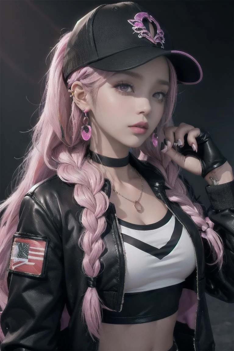 Real life adaption of this character, beauty face,looking to viewer,realistic same pink hair,realistic battlefield background with black smoke, hyper realistic, realistic light, realistic shadow, realism,(photorealistic:1.2), (realistic same outfit),(realistic same accecories) , realistic same bag, realistic same gloves, realistic same belt, realistic same necklace, realistic same bandana