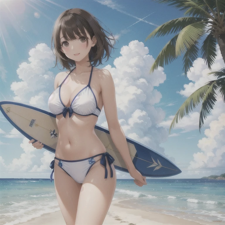 ((highest quality, masterpiece, High resolution)), ((reality)),Photos of beautiful Japanese women,((anime art))、 (((1 girl))), normal size breasts, slim body shape,  medium short hair, double eyelid, Wet see-through micro bikini,  A pareo with bold ethnic patterns and plenty of primary colors、realistic skin、Wet,whole body,cinematic light、tropical、Against the background of palm trees on both sides、on a sunny beach、With the sea in the background、blur background、smile