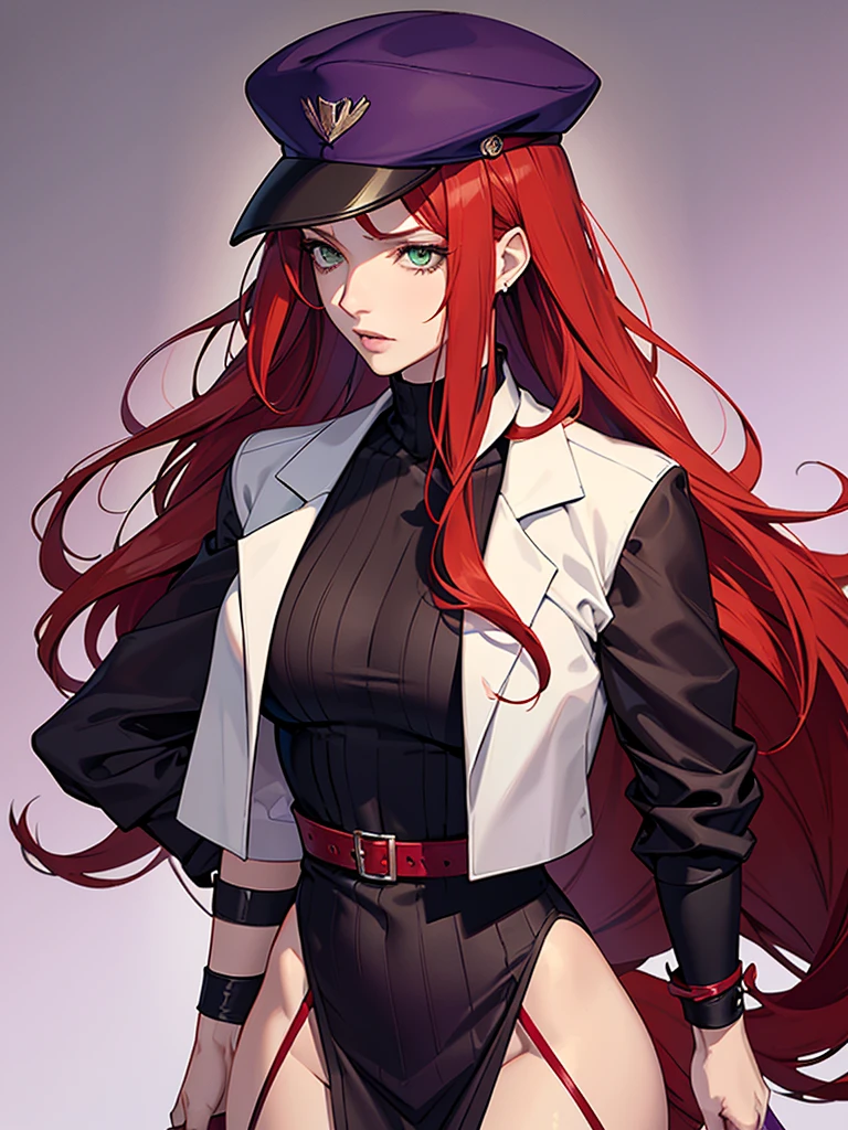 green eyes, red hair with long bangs, noble. sadistic women, wavy long hair. strong woman. purple outfit. she quiet. wear black jacket and dark purple t shirt. background in lab. she is mafia