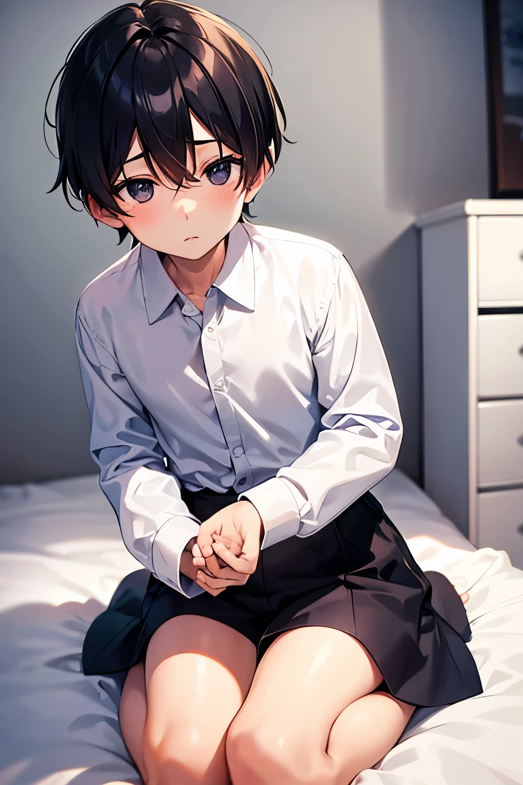 male,4K Photos,R-18,NFSW,メイド服を着たmale,gay,　Clothes details/black dog collar,headdress,She takes off her maid uniform and her nipples are exposed.,Ultra short mini skirt/facial details/gray hair,blush,Looking down diagonally,embarrassing,portrait，full body portrait,thin chest,maleの子,male性の体格,delicate,maleの子(boy or man),sit on the floor,bikini,headdress maid(male) white panties