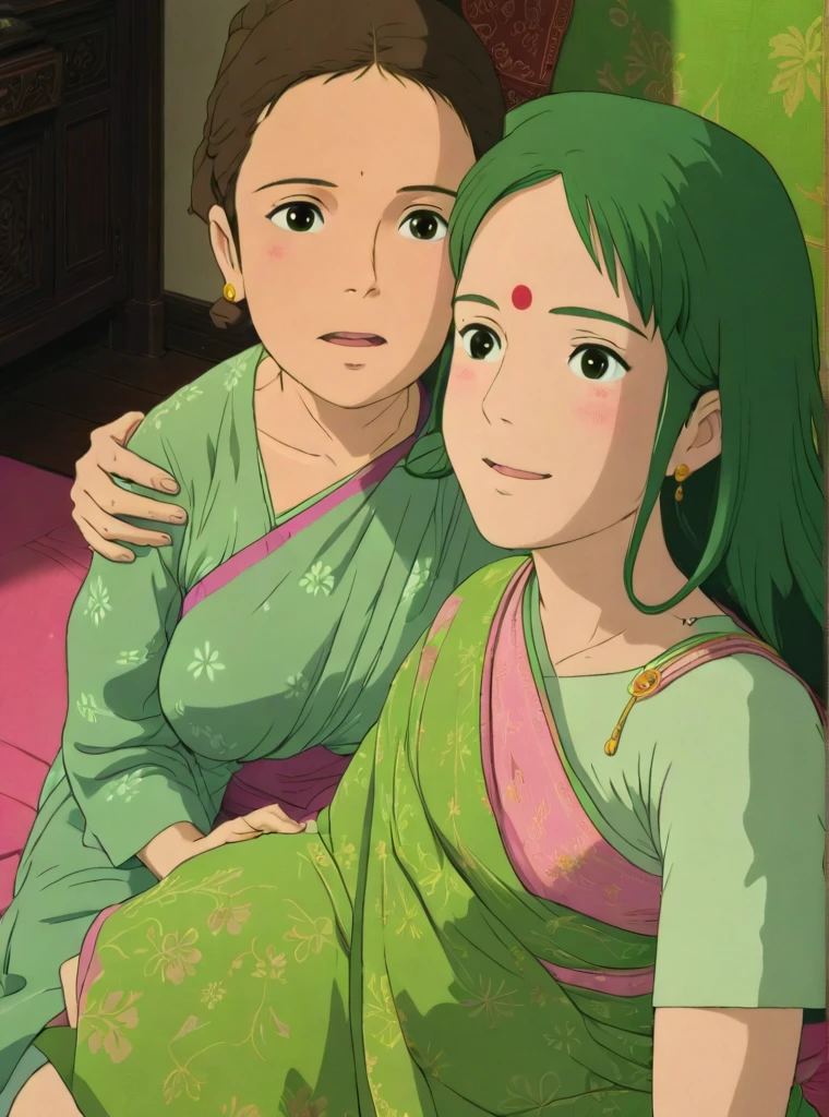ultraHD, high resolution, 2 females, indian teenage girls, black hair, hair tied in braids, hair bang, wearing glasses, skinny body, dark skin, relieved faces, smiling, clenching teeth, pink saree, bend over, girls fart, both farting, letting out fart, massive fart, velocity, yellow smoke rising, viewing from behind, by the river near hut