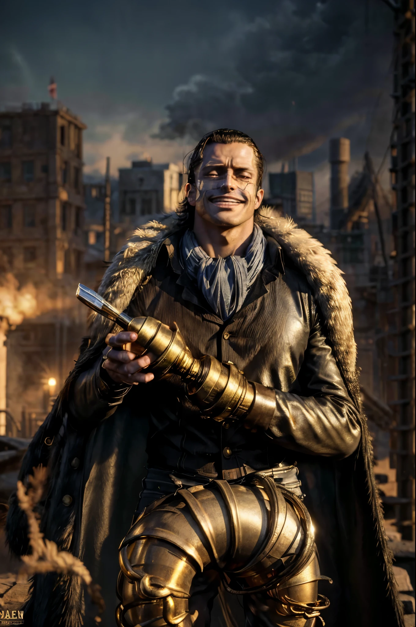 masterpiece, best quality, extremely detailed, hyperrealistic, photorealistic, a cool 40s man, ultra detailed face:1.2, fur-trimmed coat, scarf around the neck, his left hand is a golden pirate hook:1.1, cigar, sly smile, robot factory, large gears, artistic jump:1.3, strenuous movements, dynamic angle