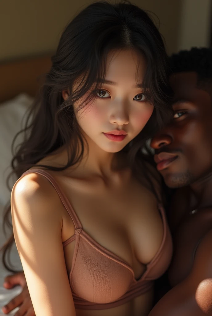 Sexy nude 30 years old Asian busty woman kissing 85 black negro man nude, sofa , living room , romance, Full body