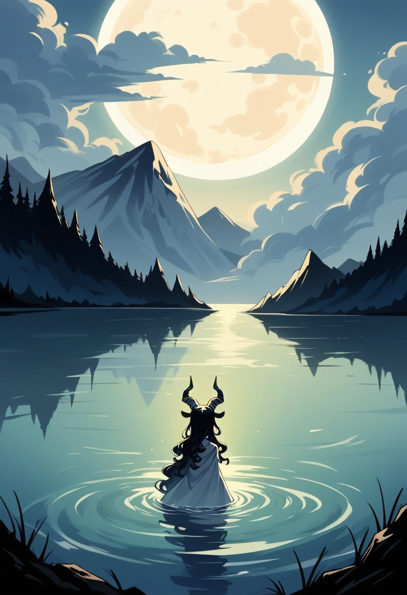 A mysterious scene at twilight depicting a serene lake surrounded by mountains. A figure with long, wavy hair, wearing a black underwares, stands in the shallow water, facing away from the viewer. The pale moon casts a haunting glow over the landscape, reflecting off the water's surface. Emerging from the depths beside the figure is a creature with the body of a goat and hauntingly beautiful horns, partially submerged. Silhouettes of monstrous figures with glowing red eyes emerge from the lake, adding an ominous presence. The atmosphere is ethereal and slightly eerie, evoking a sense of magic and intrigue, with clouds softly drifting across the night sky.