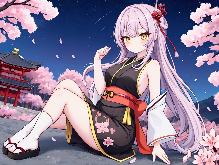 emale , detailed , {877171} brown color long hair , Yellow eyes , With bangs , A clever look , Leisurely , strong , I put binyeo in , Black sleeveless , Blue short cheongsam , Short white socks , Blue Japanese Slippers , Lycoris radiata , night background , Cherry Blossom , Pianhua , Orientalism , Japanese sword , death , anime character , illustration , solo , 1명 , 앉아있는, 산 속 , 나무 의자에 앉아있는 , 묘당 , 무당