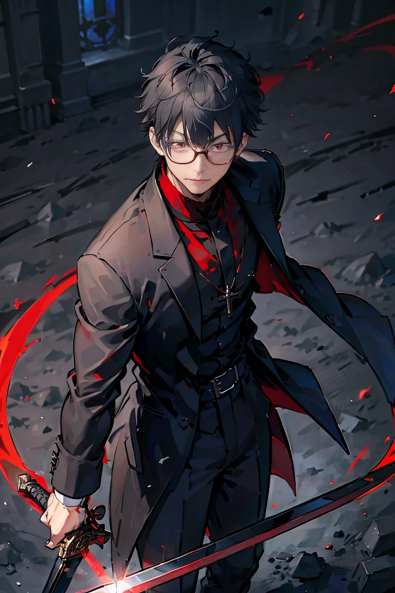 One Smart Guy，Tall，((Dark red clothes))，((Fr.))，((Priest))，Cape，Black hair，Thin black glasses，((Red eyes))、Sharp Eyes，With a cross sword hilt，Sticking a sword into the ground，(At church)，Brave，Fighting，Stand on a magic circle，