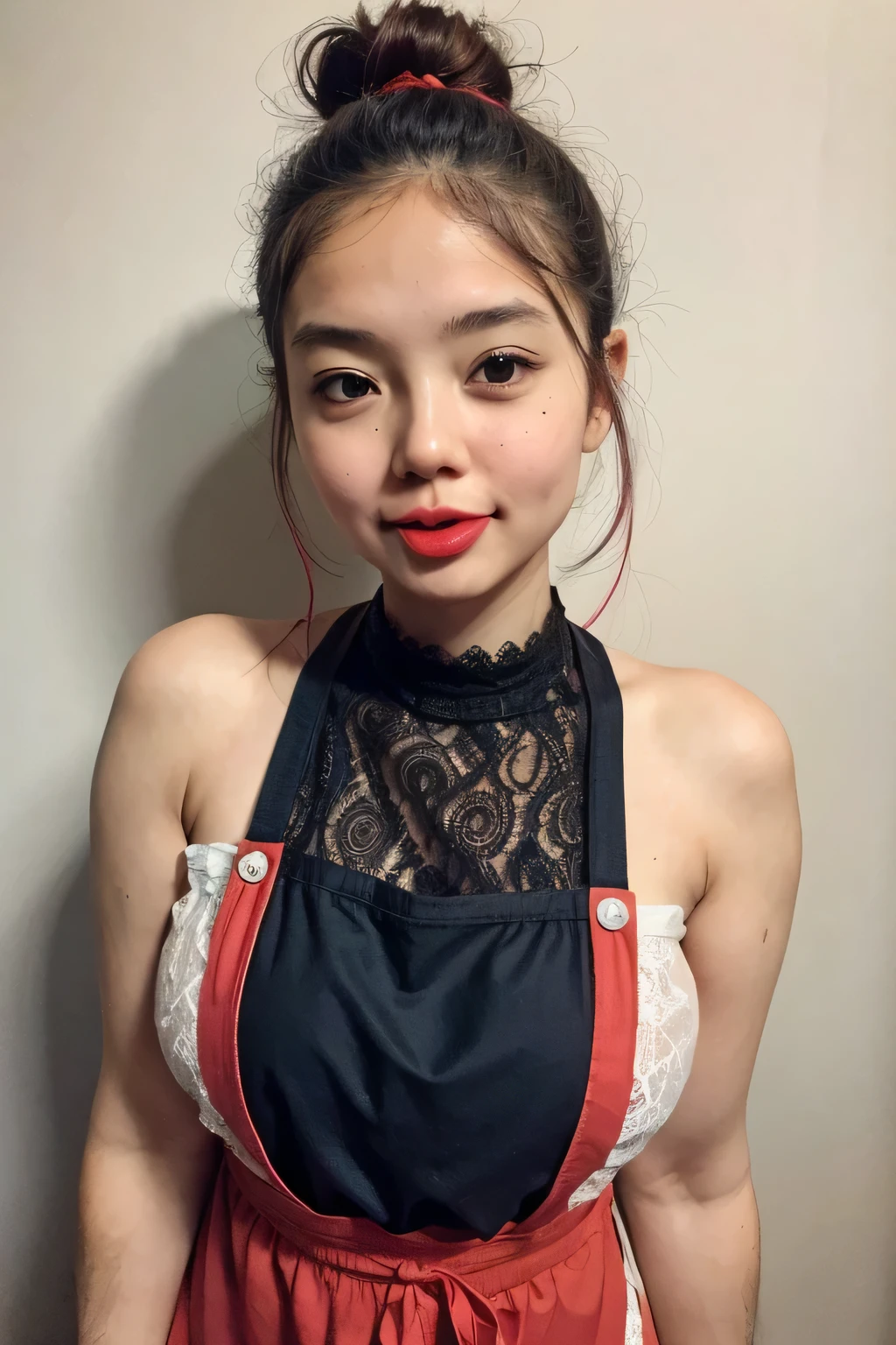 ((FLAT CHEST:1.2)) 15 year old girl with medium length black hair, children's pigtails hair, Asian facial structure, happy expression, she wearing a sheer tight bussines suit, dog collar, visible nipples, marked nipples, she in a office,