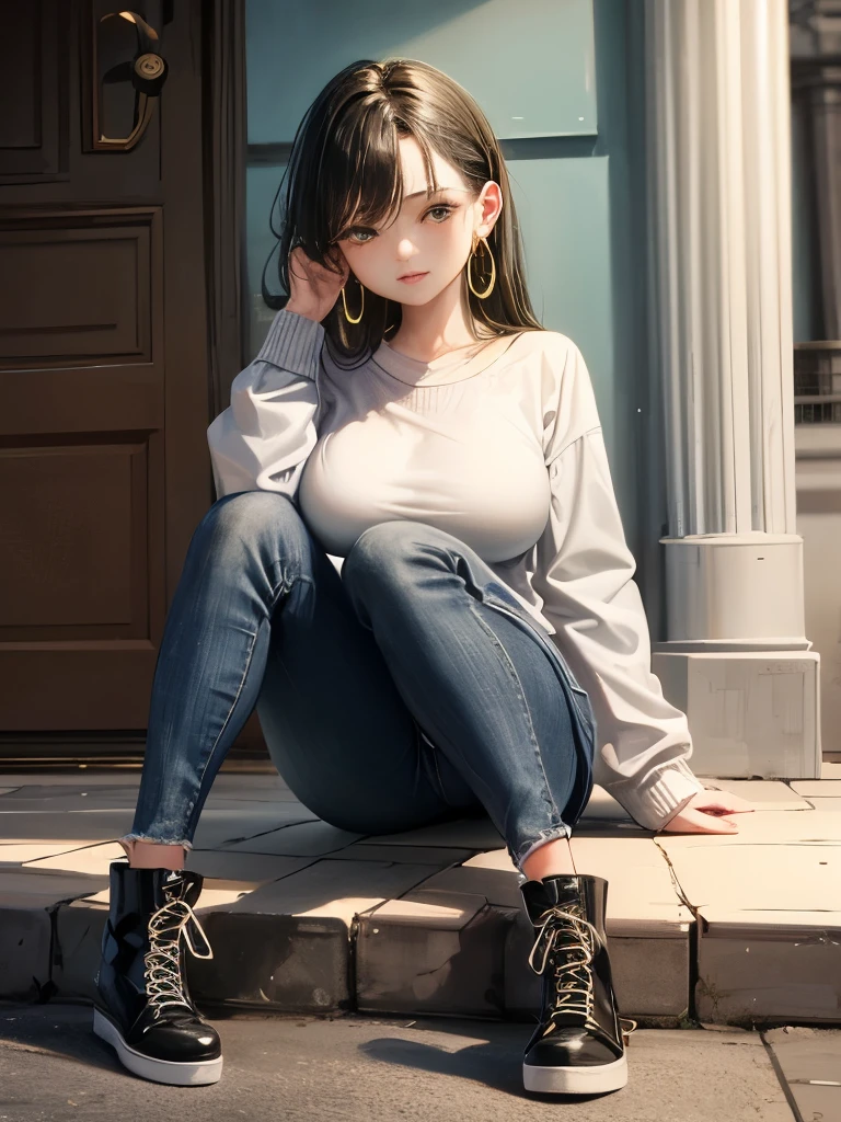 (masterpiece:1.2, Highest quality), 1 Female, alone, Upper Body, Big Breasts, dark wash skinny jeans, Oversized sweater, Ankle boots, Loose waves, Center Part, Simple hoop earrings, green park