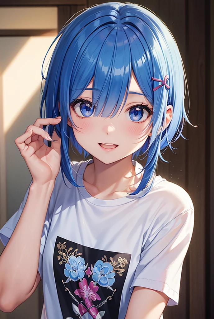 Anime girl (Blue hair, small, short, sweet smile, loving eyes, heavy blush) (masterpiece)