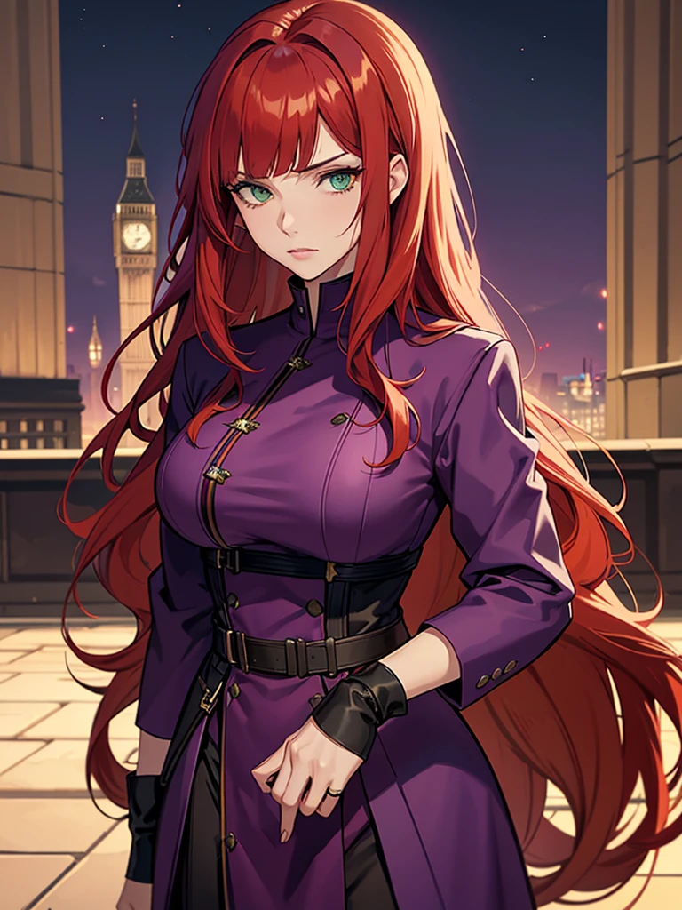 green eyes, red hair with long bangs, noble, mafia. sadistic women, wavy long hair. strong woman. background in town. spy. kind smile. purple outfit. she quiet