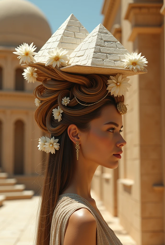 Super realistic photography, Ancient Roman architecture comes to life through artistic hairstyles. An Italian model holds a white model of the Colosseum on her head, her long hair styled in an avant-garde artistic hairstyle accented with daisies, geraniums and pansies. professional lighting